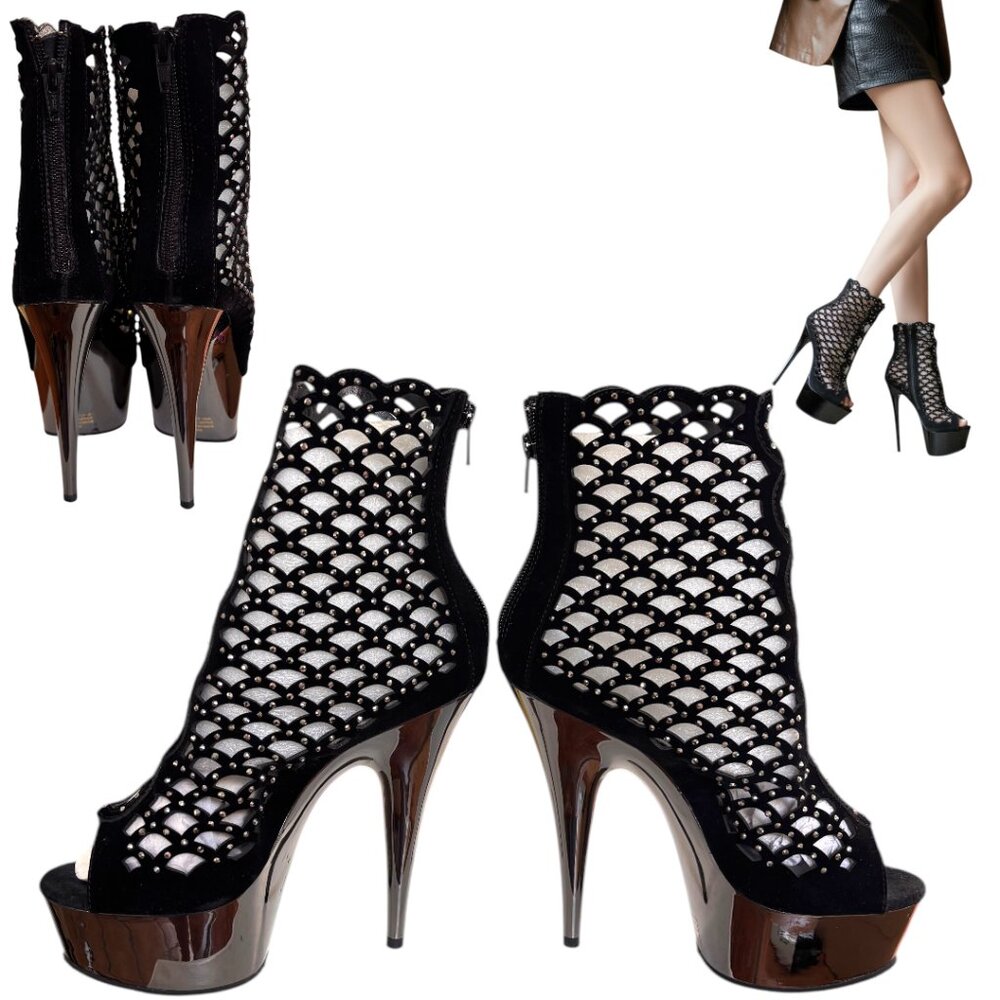 RARE BLACK RHINESTONE CRYSTAL 6" CAGED PEEP TOE GLAM PLEASER HEELS SZ. 8‎ NEW - Picture 5 of 6